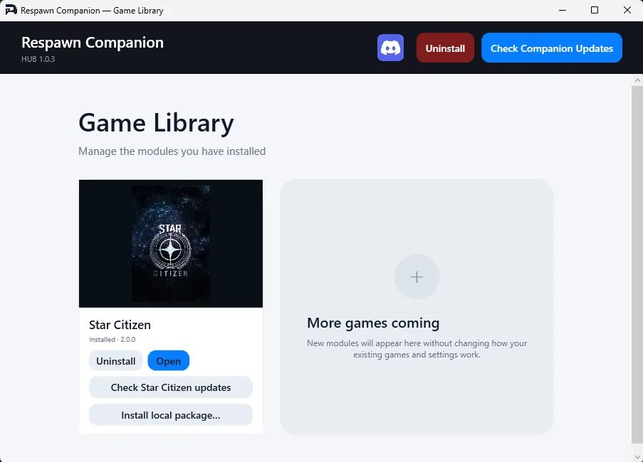The Game Library, showing the installed Star Citizen module