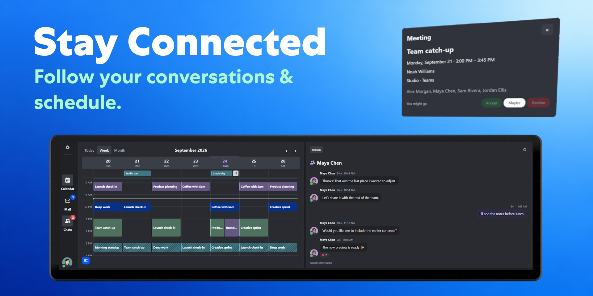 Sidekick on XENEON EDGE showing a calendar, Teams conversation, and meeting response controls with sample data.