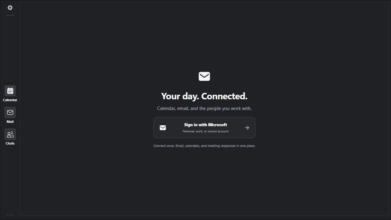 The widget’s welcome screen with the Sign in with Microsoft button and Calendar, Mail, Chats, and Settings controls.