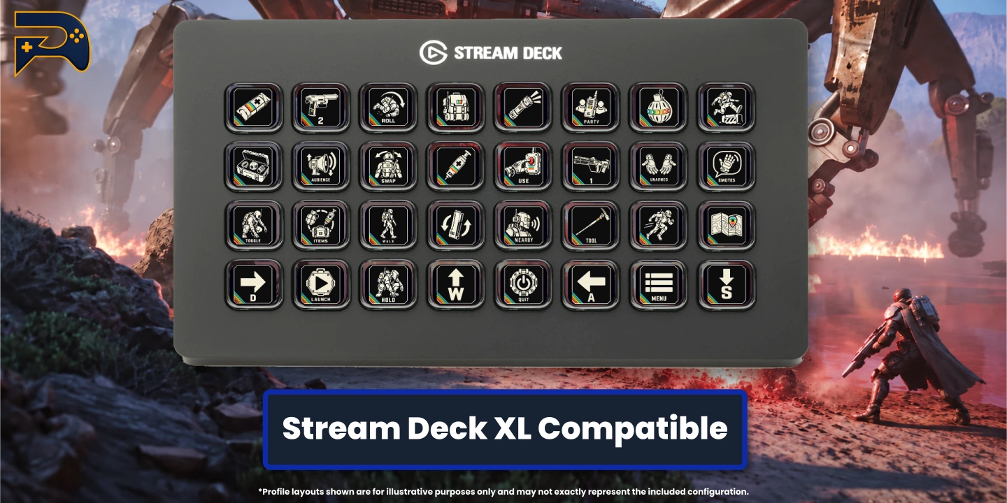 XL icon showcase — black-and-white equipment artwork with rainbow accents; both 15-key and 32-key profiles included.