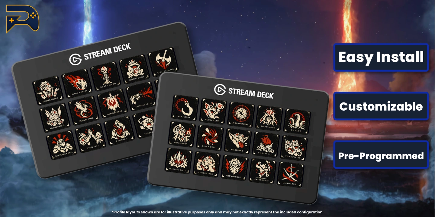 Customize your setup with abilities, items and 62 chat-emoticon buttons. Showcase layouts are illustrative.