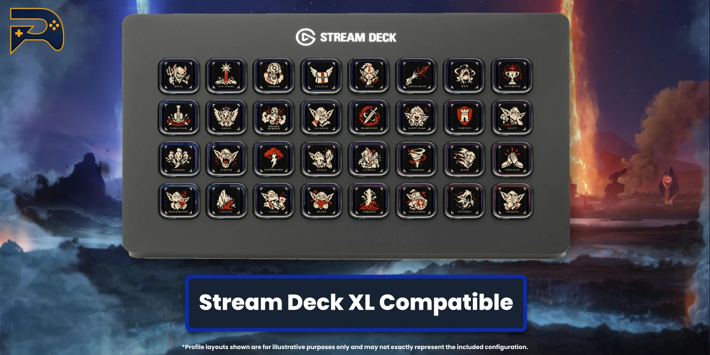 Animated Stream Deck XL profile included alongside the 15-key profile. Illustrative icon selection.