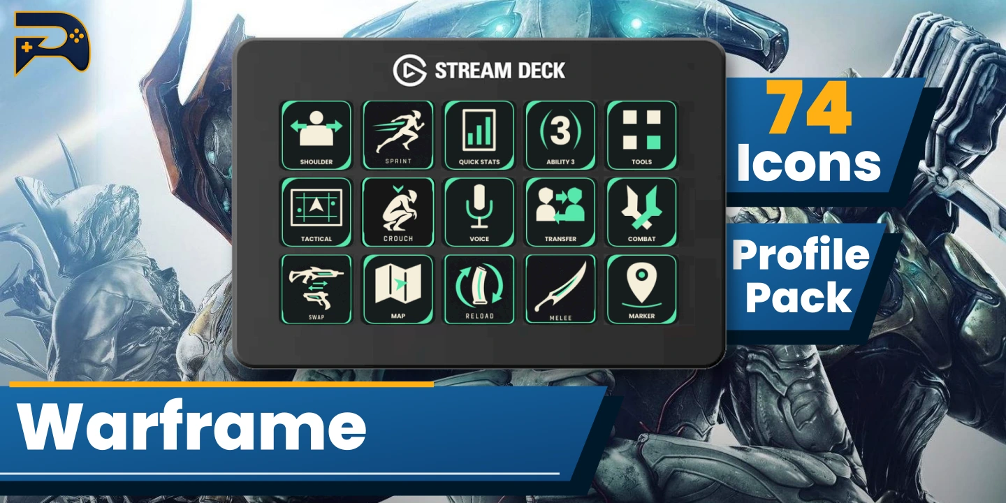Warframe on the 15-key Stream Deck, with glowing sci-fi icons and 74 static and animated icon variants.