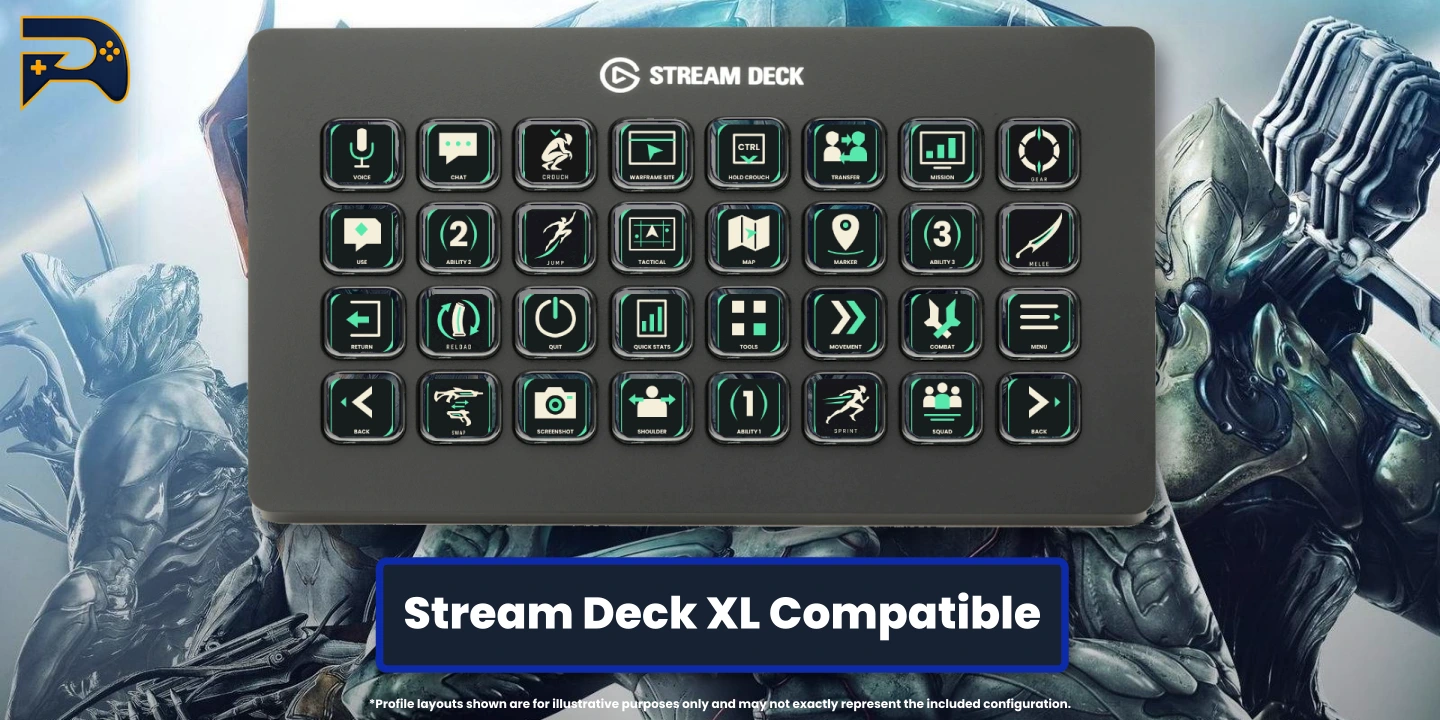 Warframe on the 32-key Stream Deck XL, with a spacious layout for core combat, abilities and mission controls.