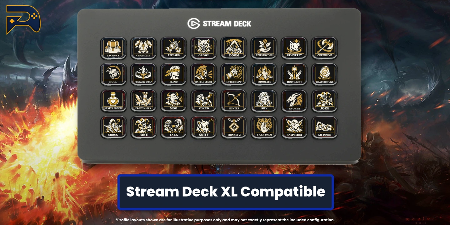 World of Warcraft on the 32-key Stream Deck XL, showcasing class artwork, utilities and emotes for your custom layout.