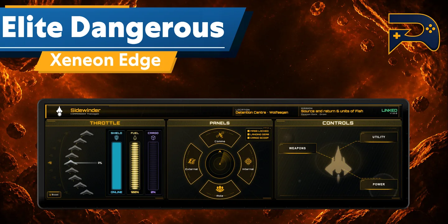 Elite Dangerous widget for the Corsair Xeneon Edge, showing throttle, shields, fuel, cargo, ship panels and controls on one screen