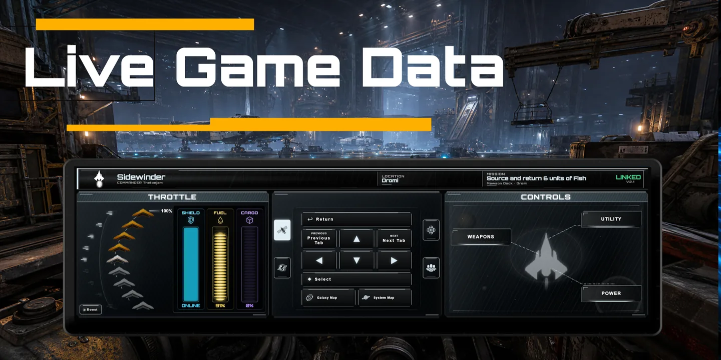 Live game data — the widget reading throttle, shield and fuel levels straight from the game while docked at a station