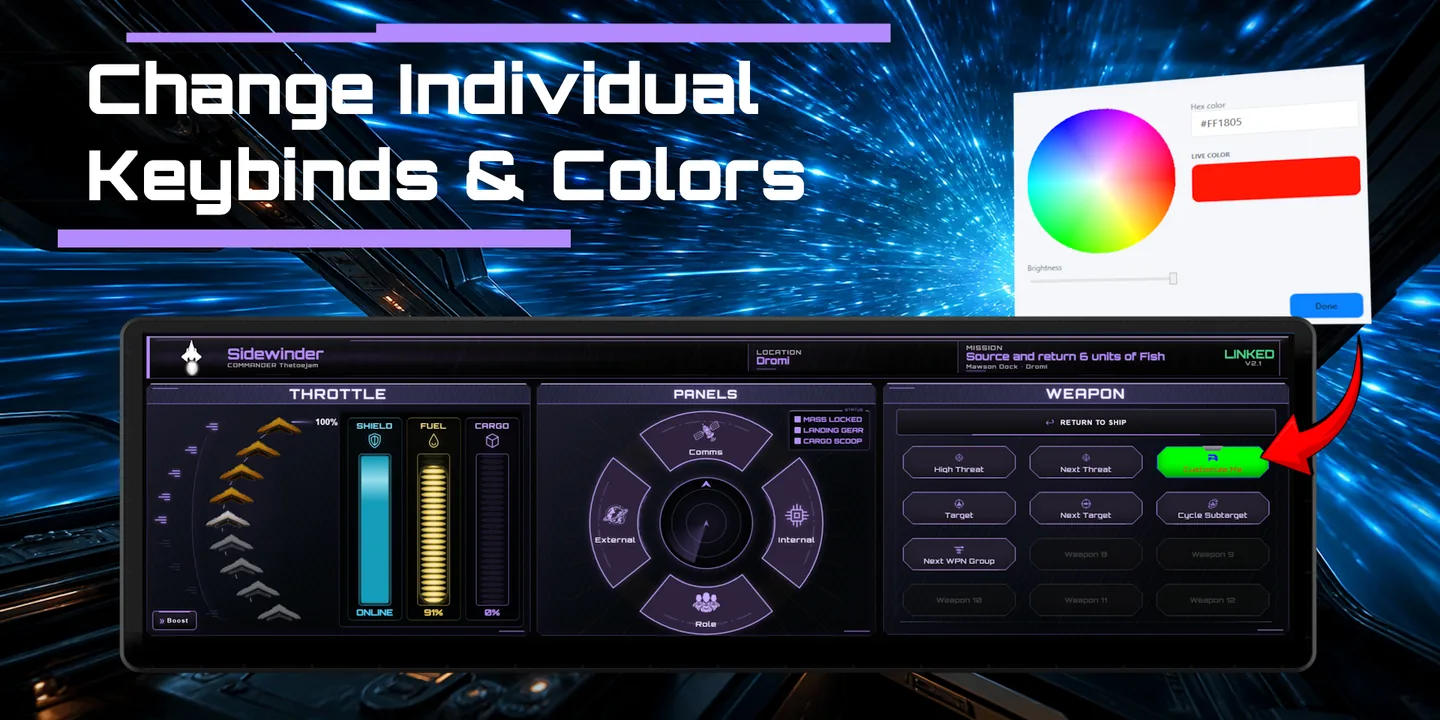 Changing individual keybinds and their colours, with a colour picker and the change shown live on the panel