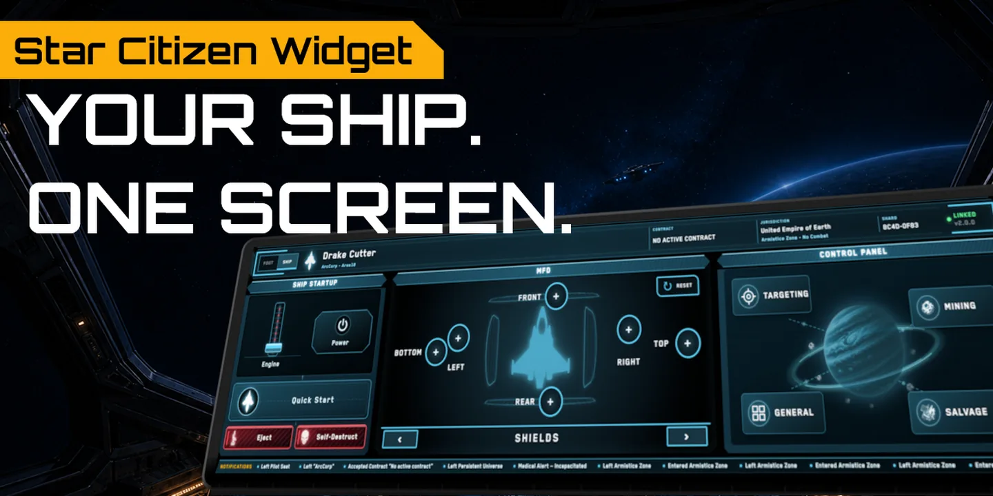Your ship, one screen — the widget showing shields, engine power, quick start and targeting while docked